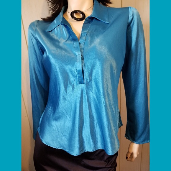 Vintage 90s ABS ALLEN SCHWARTZ Blue Satin Top - Picture 4 of 6